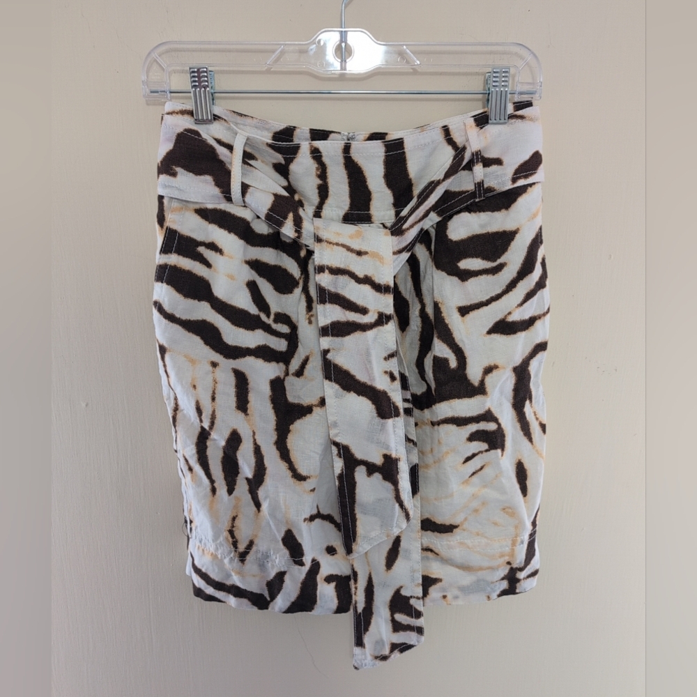 Banana Republic Skirt Womens 4 Linen Brown/White Exotic Print Lined Back Zipper